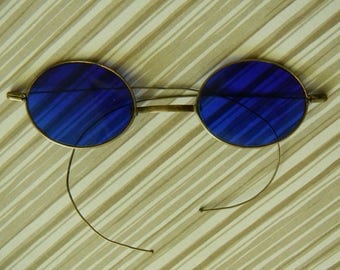 Amazing Antique Cobalt Blue Glass Sunglasses. Low Profile Oblong Lenses w/ Brass Frame. Authentic Late Victorian Eyewear in Good Condition.