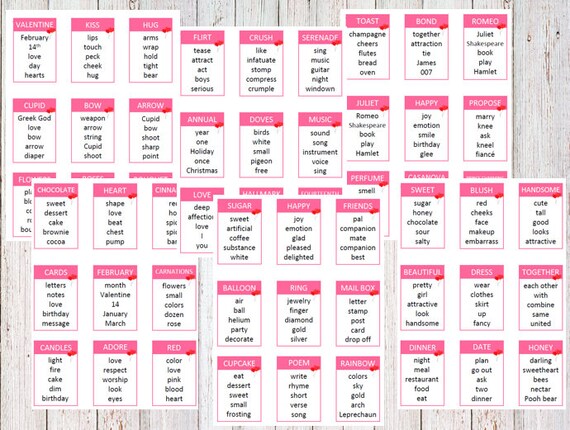 Printable Valentines Day Taboo Game Cards Instant Download Game