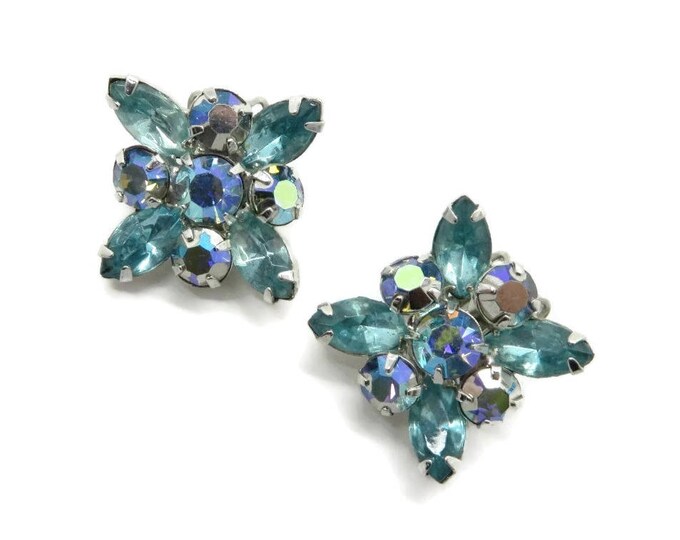 Weiss Sea Green AB Rhinestone Earrings, Vintage Rhinestone Silver Tone Clip-ons