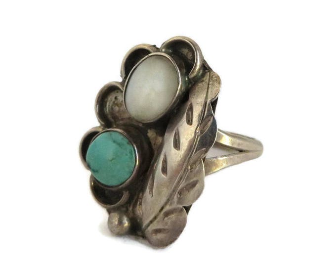 Sterling Silver Ring, Turquoise & MOP Ring, Navajo Feather Ring, Vintage Native American Jewelry, Statement Ring, Gift for Her, Size 6