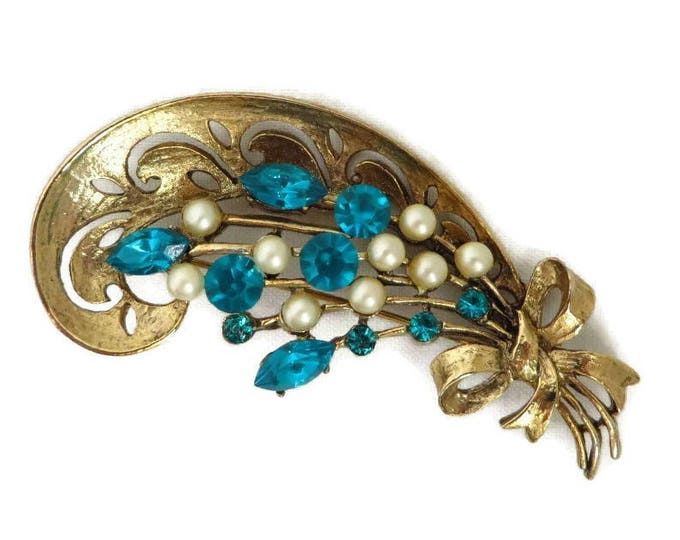 Vintage Brooch, Rhinestone Pin, Blue Rhinestone Faux Pearl Brooch, Vintage Weiss Gold Tone Flower Pin, Gift for Her Vintage Brooch, Rhinestone Pin, Blue Rhinestone Faux Pearl Brooch, Vintage Weiss Gold Tone Flower Pin, Gift for Her