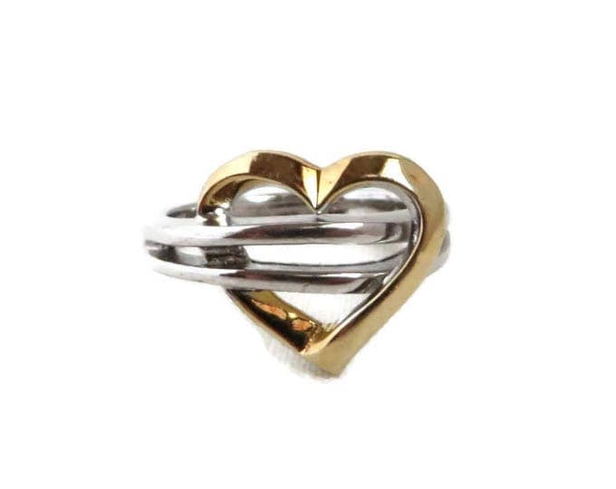 Sterling Silver Heart Ring, Vintage Two Tone Silver Ring Size 6.75-7, Valentine's Day Gift