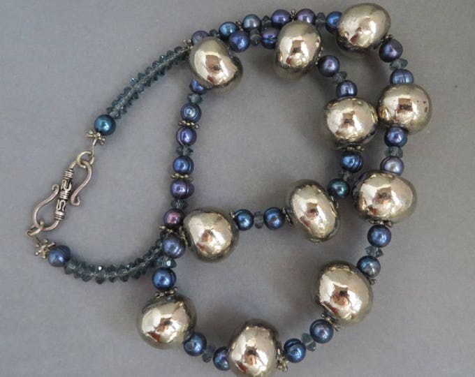 Silver Ball Necklace, Vintage Blue & Silver Bead Chunky Necklace, Boho Jewelry Gift idea