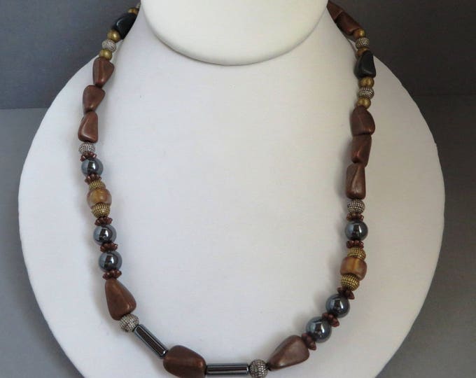 Vintage Brown Bead Necklace, Cocoa, Gold, Silver, Black Bead Tribal Necklace