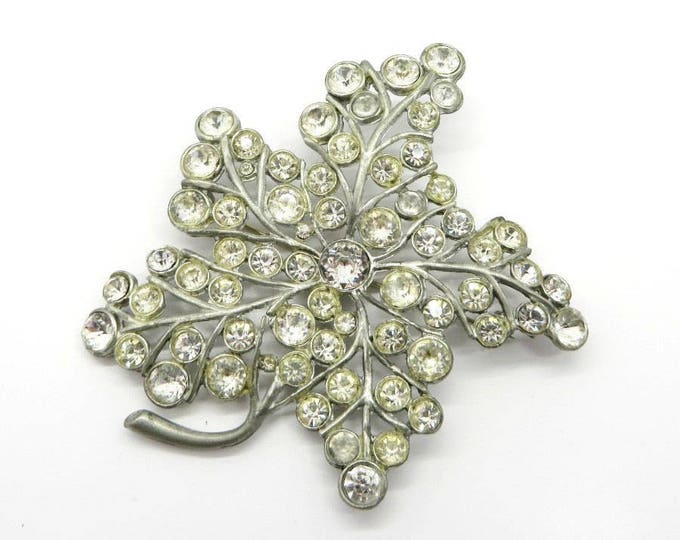 Rhinestone Leaf Brooch, Vintage Silver Tone Rhinestone Large Leaf Pin, 1950s Jewelry Gift for Her