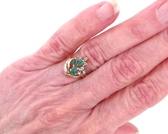 Emerald - 14K Gold Emerald & Diamond Ring, Vintage Estate Cocktail Ring, Size 5, FREE SHIPPING