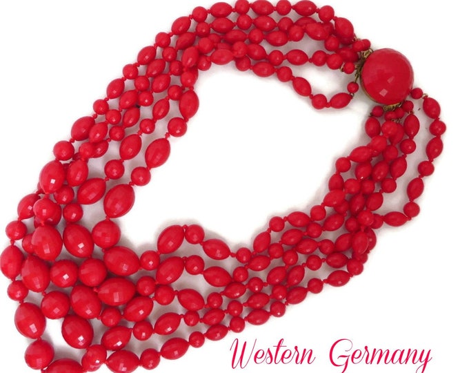 Red Beaded Necklace - Vintage Western Germany 5 Strand Necklace European Vintage 1960s Jewelry, Valentine's Day Gift