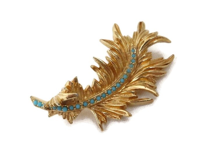Ciner Gold Tone Leaf Brooch, Vintage Turquoise Beaded Curly Leaf Pin, Signed Designer Gift for Her