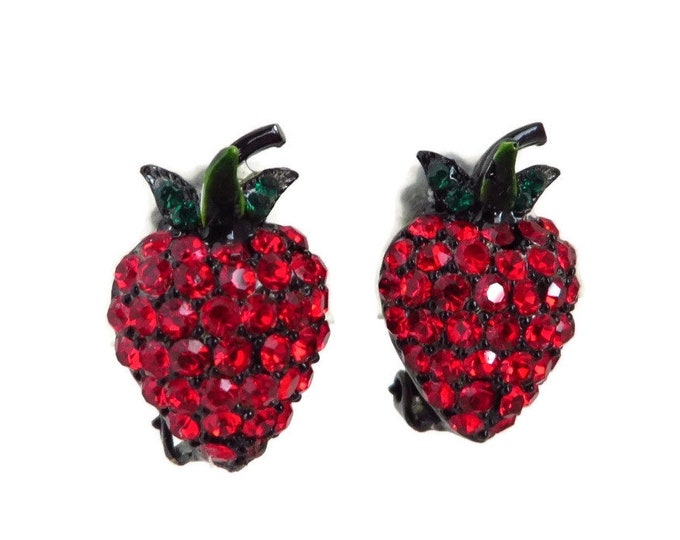 Earrings, Hollycraft Strawberry Earrings, Vintage Red & Green Rhinestone 1950s Clip-on Earrings, Gift for Her