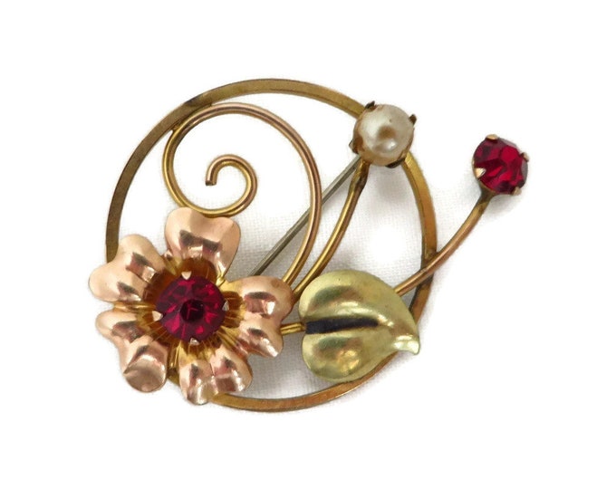 Circle Pin, Vintage Gold Filled Designer Brooch, BAL-RON 1/20 12K GF Circle Pin, Red Rhinestone Flower Brooch, Gift for Her Circle Pin, Vintage Gold Filled Designer Brooch, BAL-RON 1/20 12K GF Circle Pin, Red Rhinestone Flower Brooch, Gift for Her