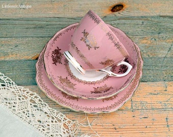 RESERVED to Joven. Set of Vintage Colclough Bone China Made in England A Product of Ridgway Potteries Ltd Pink White and Gold Trio