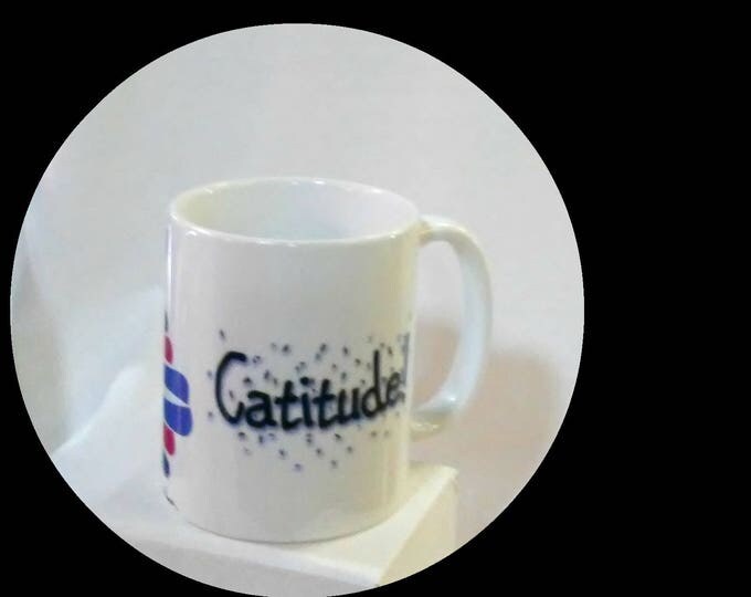 CAT LOVER Mug Gift; 10 oz white ceramic mug created by Pam Ponsart with front and back design titled "Catitude"