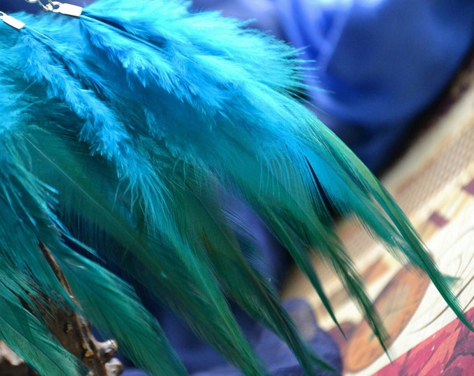 Ear cuff with blue feathers, wire earcuff, boho style jewelry, ethnic bijou,boho ethno style, ear cuff no piercing need