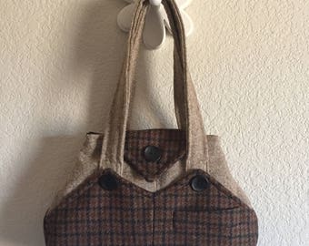 Handcrafted Recycled Brown Houndstooth Plaid + Tan Wool Handbag - Double Straps