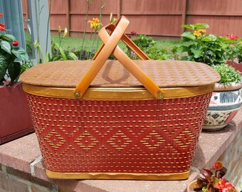 Vintage Redman Picnic Basket Red Picnic Basket BoHo Picnic Basket 1970's Picnic Basket Camping Basket RV Storage Craft Basket Toy Basket