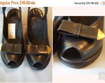 On Sale Vintage 1940s Black Leather Peep Toe Sandal Wedges by Town and Country