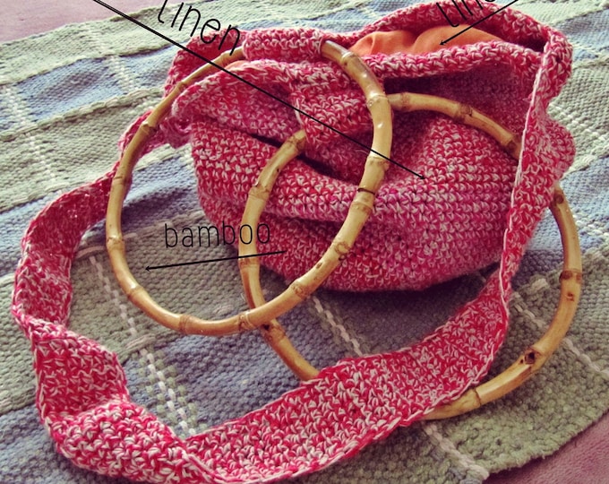 Bamboo Handles Boho Bag - Medium Shoulder Hobo Bag - Pink and Red - Linen Tote - Bohemian Beach Bag - Gypsy Colorful Bag - Ready to Ship