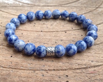 Jaspe Bleu et Blanc, Perle en Argent massif martelé, Bracelet Mala, Stretch
