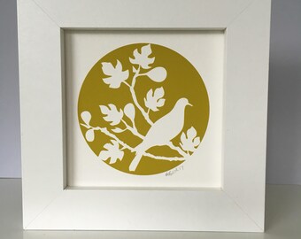 Gift for house Mid century yellow mustard wall art Fig tree Bird picture Alison Bick Design illustration Cornwall unframed