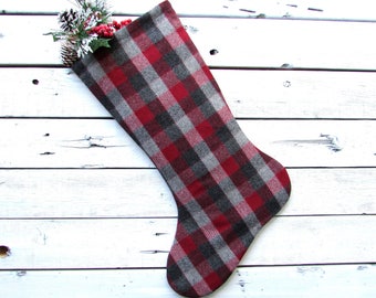 Plaid Christmas Stocking, Plaid Christmas Stockings, Rustic Plaid Christmas Stockings, Tartan Plaid Christmas Stocking, wine red, grey
