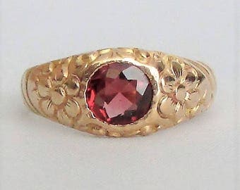 Rose Gold Malaya Garnet Ring Floral Engraved Band - Beautiful!