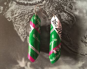 Upcycled 35mm film cassette drop earrings - Fujifilm wraps with Korean text
