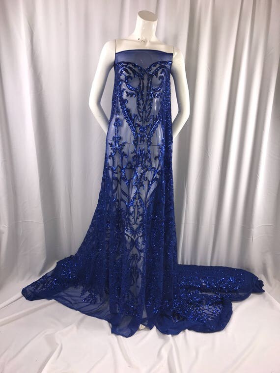 Royal blue damask design embroider with sequins on a 2 way