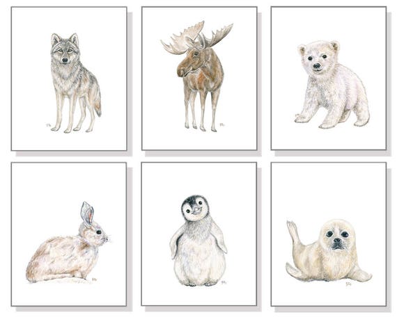 Arctic Nursery Art Polar Nursery Art Neutral Nursery Art Prints Arctic Animal Watercolor Polar Bear Penguin Seal Bunny Wolf Moose Set of 6.