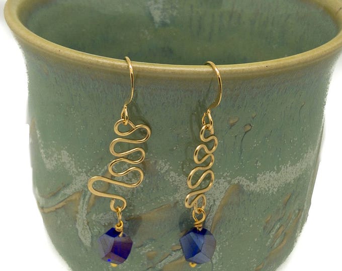 AMAZGold Wire Hammered with Blue Crystal, Blue Gold Earrings, Gold Handmade Earrings, Blue earrings, Unique Earrings,