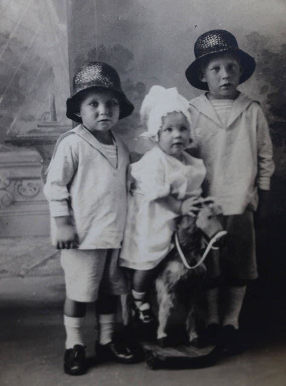 RPPC 1904-1918 AZO 3 Children 2 Brothers Sister on Toy Horse