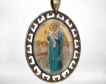Vintage Religious Catholic Virgin Mary Medal Pendant Art Madonna and Child