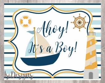 Nautical Baby Shower Sign, Nautical Baby Shower Decoration, INSTAND DOWNLOAD, Navy and Yellow Ahoy Its a Boy Baby Shower Printable Sign
