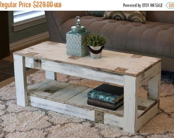 SALE White Farmhouse Coffee Table with Shelf