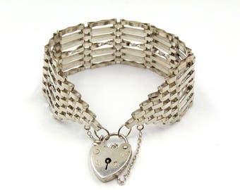Sterling Silver Gate Bracelet With Heart Padlock | Vintage 7 Bar Victorian Style Gate Bracelet
