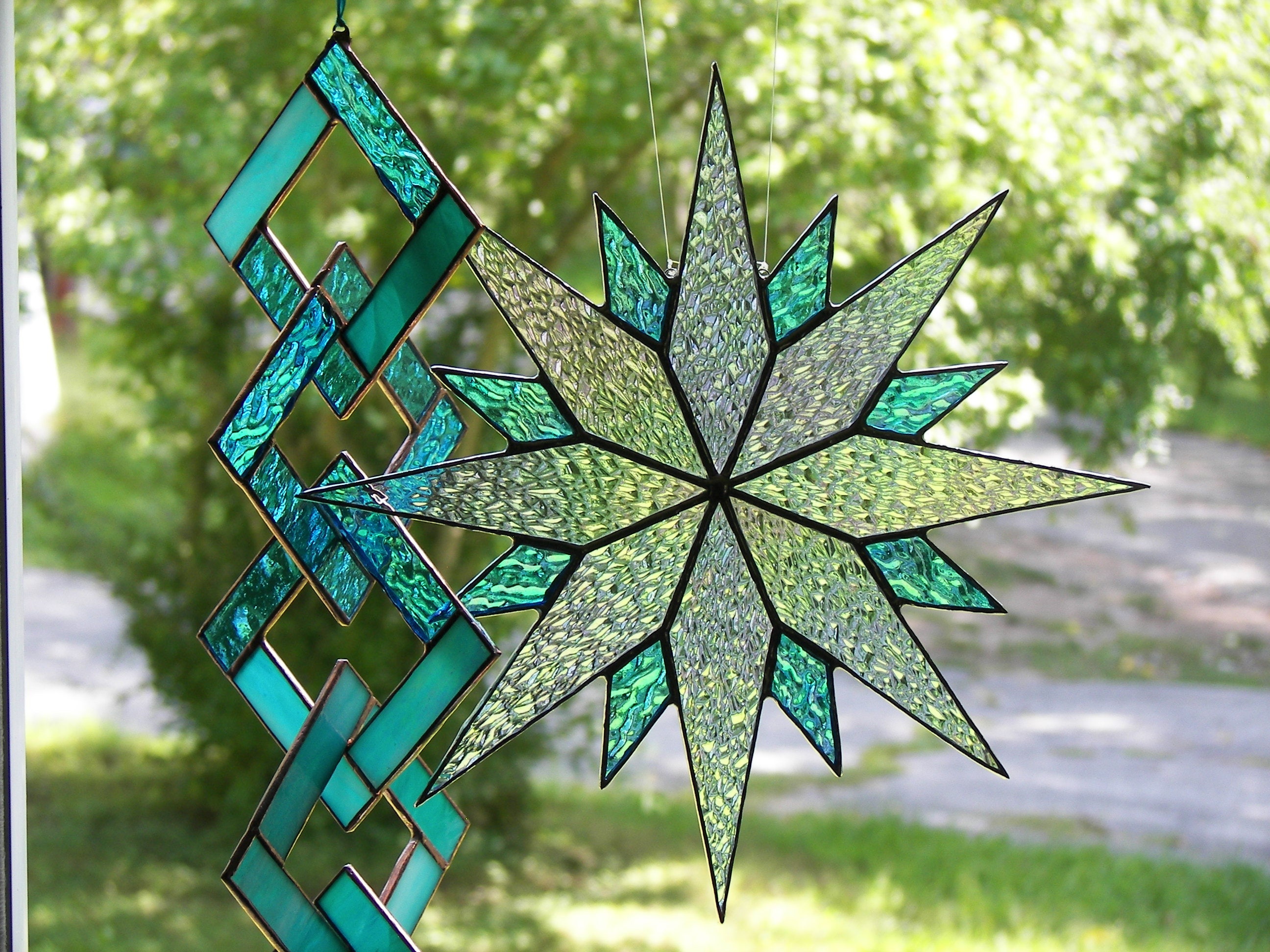 Stained Glass Star Iridized Clear 16 Point Star Turquoise