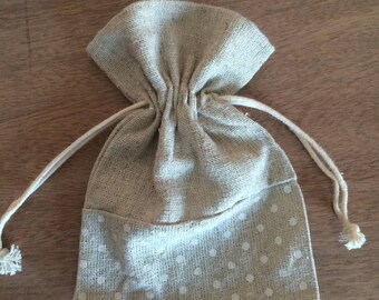 Bag of linen and polka dots 10 cm x 14cm