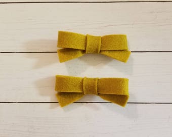 Zoe Piggies- Mustard- Handmade- Alligator Clip- Hair Bow- Pigtail Bow- Baby Bow- Mustard Bow- Little Girls Bow- Felt Bow- Wool Felt