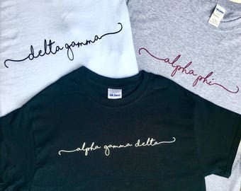 Round Neck Officially Licensed Handwriting Script Sorority T Shirt - Alpha Phi - Delta Gamma - Alpha Gamma Delta