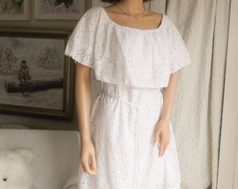 New White cotton lace dress White lace Summer dress White lace Prairie dress Boho Wedding dress White lace off the shoulder dress UK 16-18