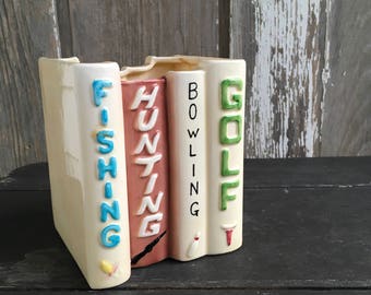Hunting fishing bowling golf book planter 1960s vase great dad gift