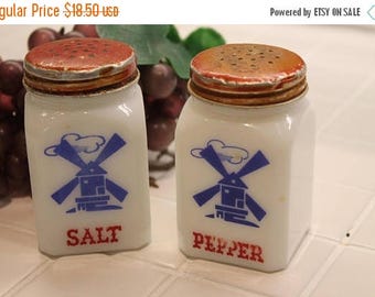 SALE Vintage Dutch Windmill White Milk Glass Salt and Pepper Shaker Set with Red Metal Lids - Tipp City Glass?
