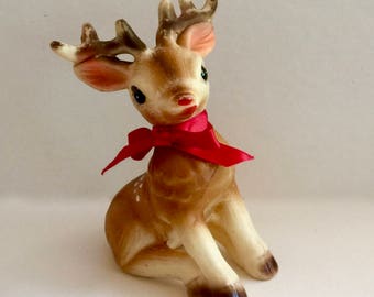 Vintage Rudolph the Red Nosed Reindeer, Swivel Head, Spotted Deer, Sitting Deer, Santa's Deer, Plastic Deer Figurine, JAPAN, Circa 1950s