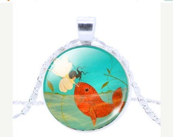 Clearance sale Wealthy Fish Pendant Glass Dome Necklace, Women, Good Luck , Fortune , Lucky, Money, Love