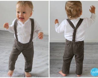 christening Toddler Outfit Trousers with suspenders long sleeve linen shirt babtism suit for boy ring bearer