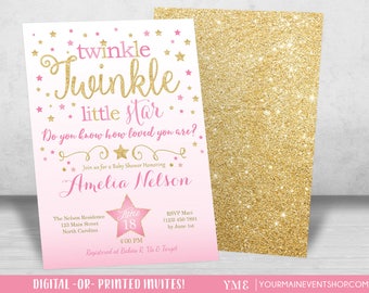 Twinkle Twinkle Little Star Baby Shower Invitation, Girl Twinkle Twinkle Shower Invitation, Pink and Gold Star Invite, Baby Shower • BS-T-01