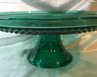 Vintage INDIANA GLASS, Diamond Pattern, Teal Green, Pedestal Cake Stand