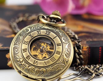Custom Engraved Bronze Skeleton Pocket Watch - Gift Boxed PW-16-M