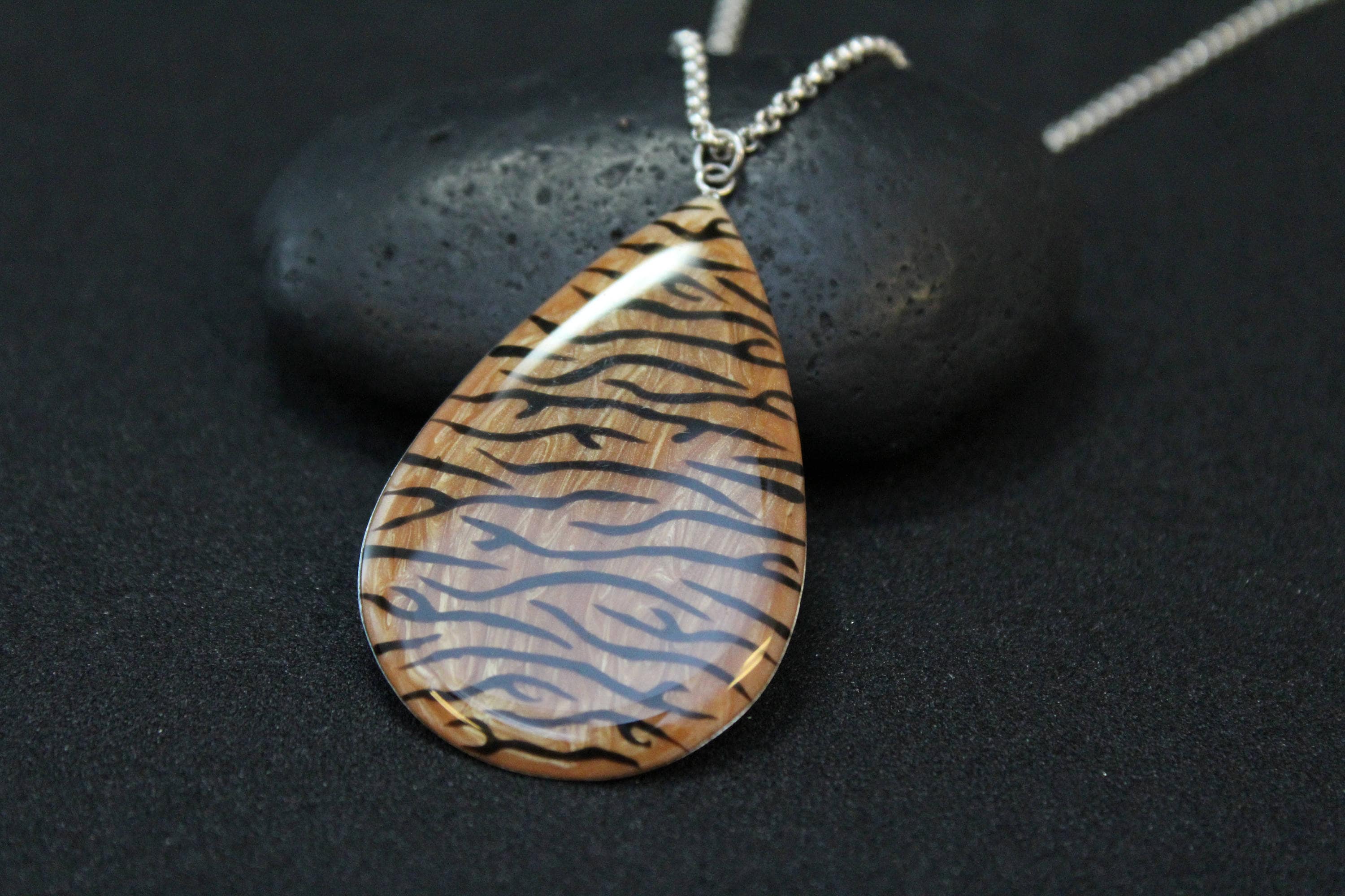 Sterling Silver Enamel Tiger Stripe Pendant, Animal Print Necklace