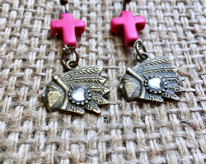 Indian Head Earrings, Pink Cross Earrings, Chief Head Earrings, Native American, Indian Earrings, Embellished Earrings, Cowgirl Earrings