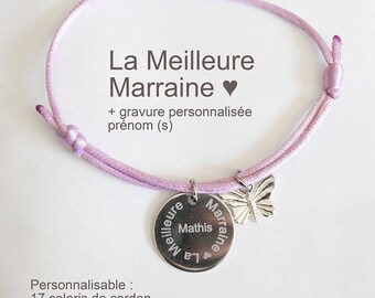 Personnalised jewel - Cord bracelet engraved medal best Godmother - gift baptism to thank the godmother - woman ajustable all the wrists